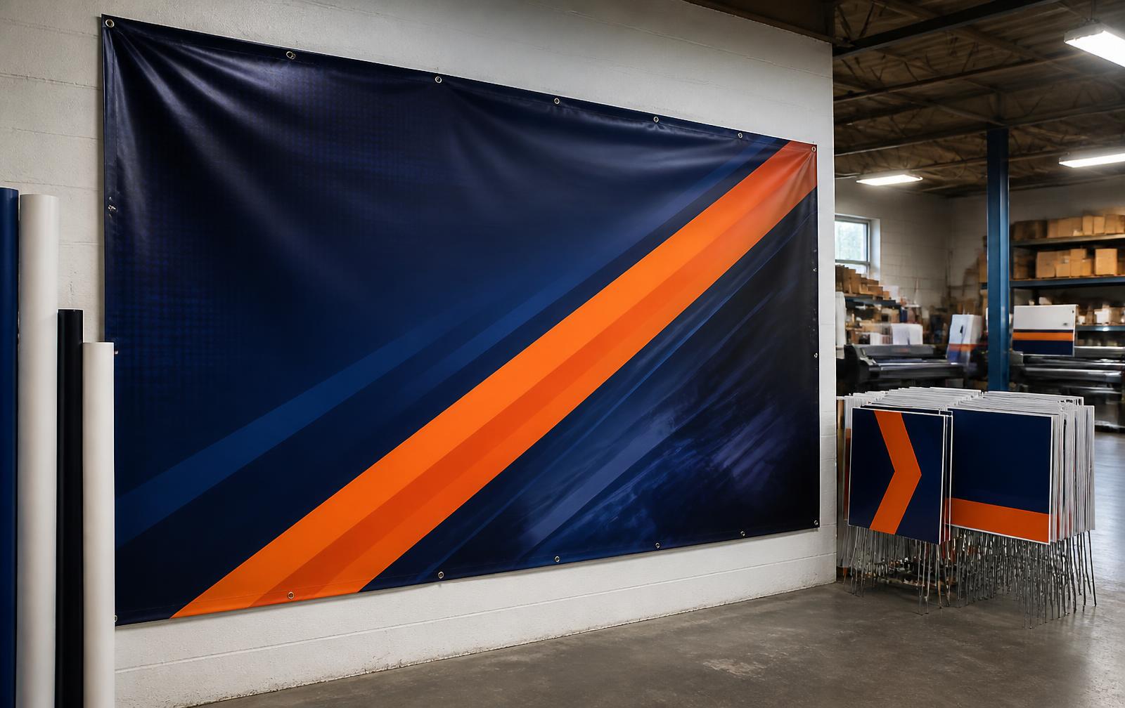 Custom printed vinyl banner and stacked yard signs in a print shop